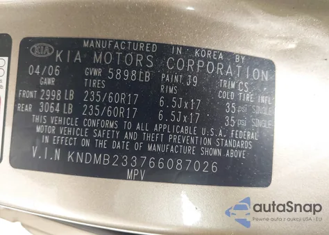 2006 Kia Sedona Ex/Lx z USA, uszkodzony, nr VIN KNDMB233766087026